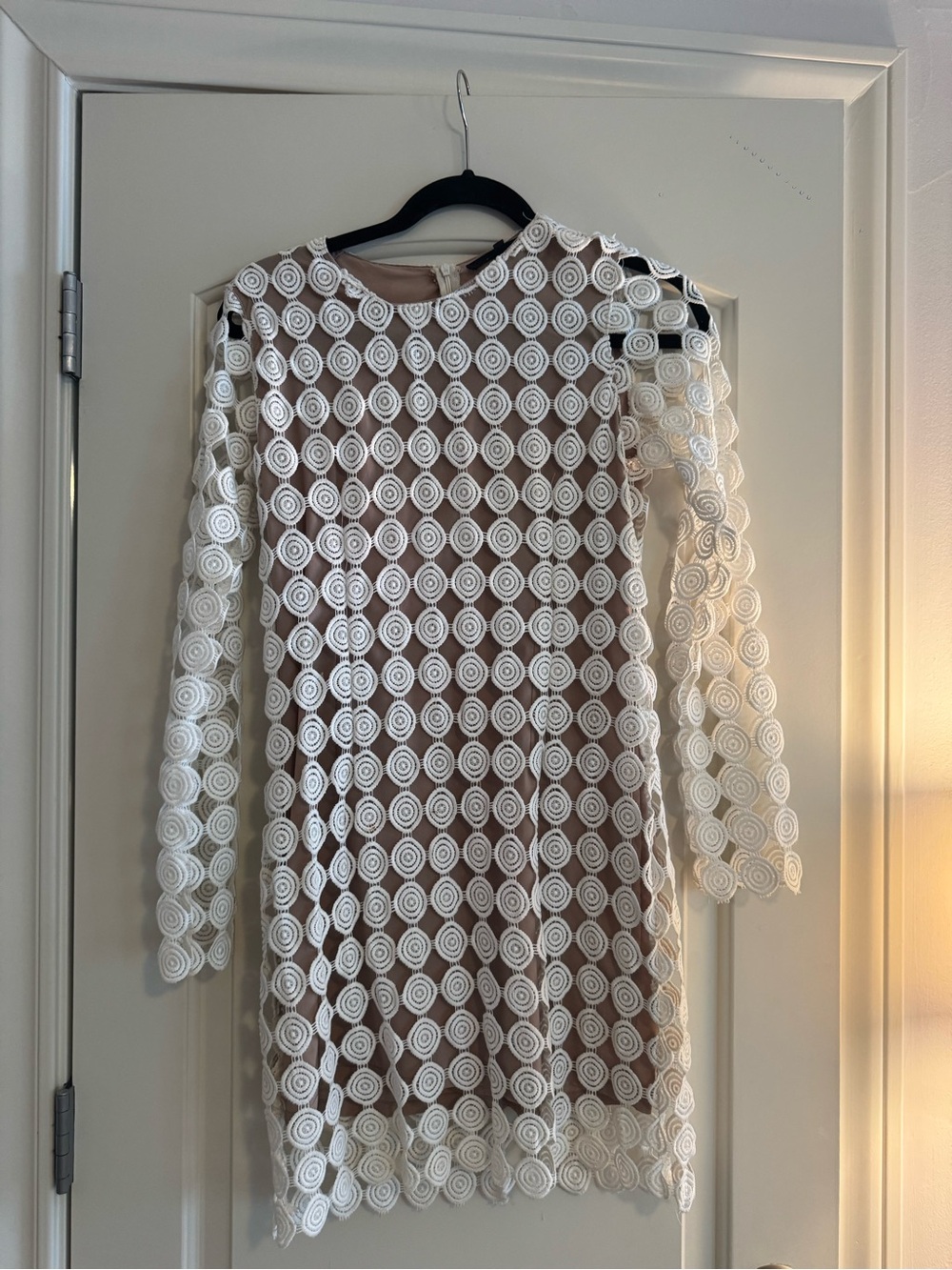 Olivaceous White Lace Overlay Dress with Nude Lining, Size M